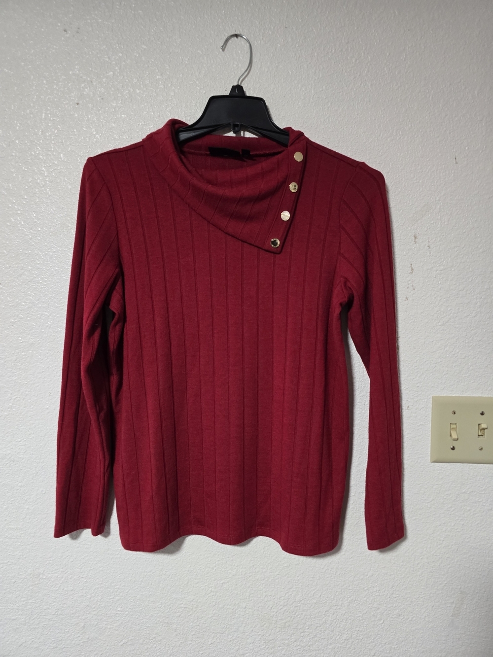 Rafaella Deep Red Ribbed Knit Top with Snap-Neck Detail